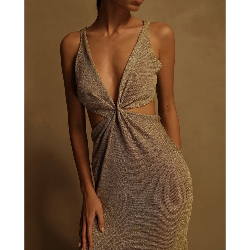 MESHKI Lemea Glittered Metallic Knit Maxi Dress Gold - Size L / NWT - Picture 2 of 6